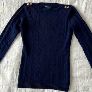 Ralph Lauren 100% Cotton Cable Knit Sweater with Gold Buttons - Navy Blue